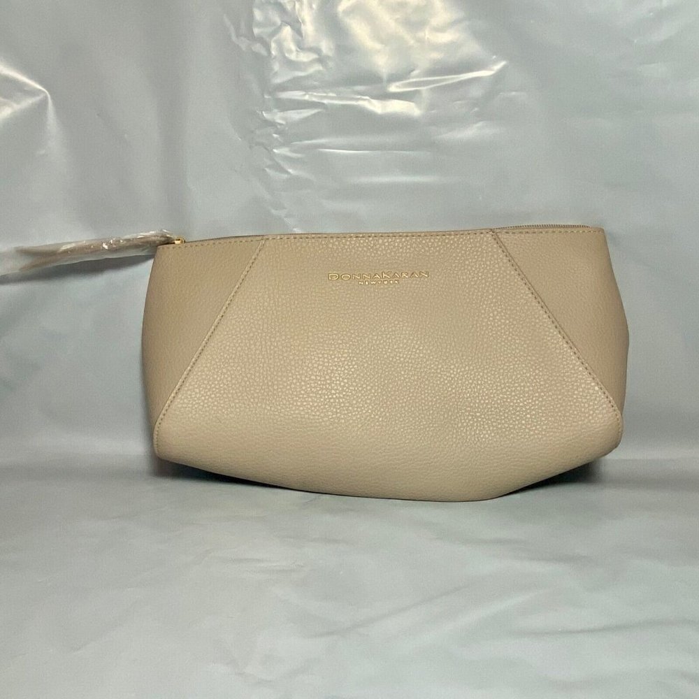 DKNY Donna Karen New York Cosmetics Makeup Bag Beige Zippered Clutch NWOT